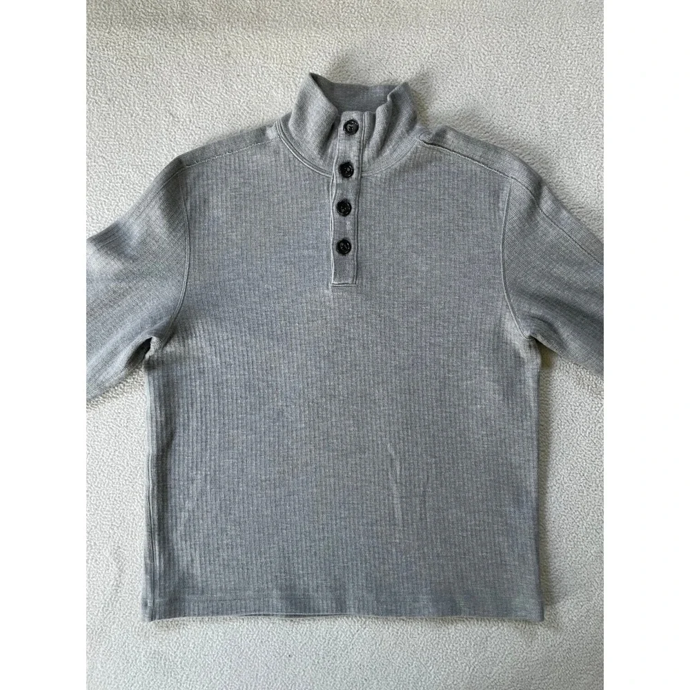 Banana Republic Mens Medium Pullover Gray Ribbed Mock Neck Henley Cotton Sweater